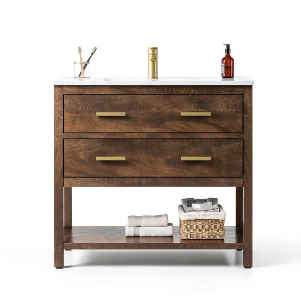 36 Inch Bathroom Vanity with Sink, Farmhouse Storage Cabinet with Drawers & Open Storage Shelf, Assembly Required, Adjustable Feet, Walnut-0