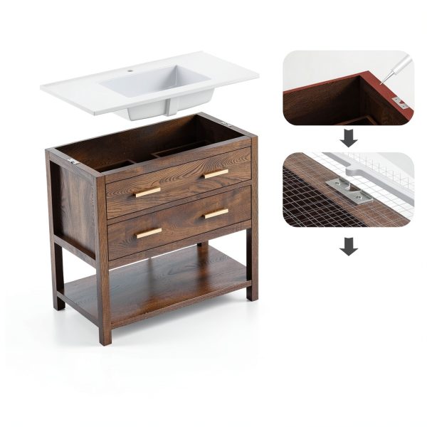 36 Inch Bathroom Vanity with Sink, Farmhouse Storage Cabinet with Drawers & Open Storage Shelf, Assembly Required, Adjustable Feet, Walnut-5