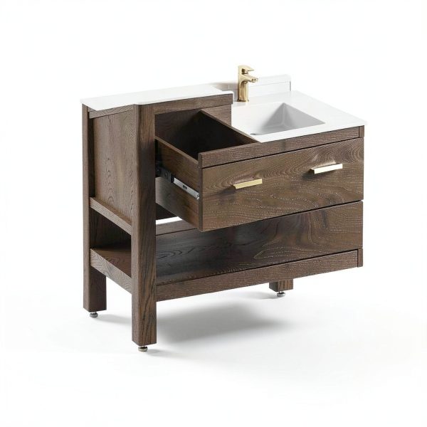 36 Inch Bathroom Vanity with Sink, Farmhouse Storage Cabinet with Drawers & Open Storage Shelf, Assembly Required, Adjustable Feet, Walnut-3