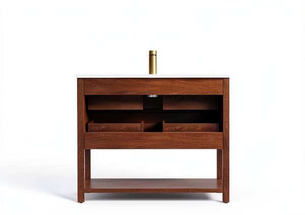 36 Inch Bathroom Vanity with Sink, Farmhouse Storage Cabinet with Drawers & Open Storage Shelf, Assembly Required, Adjustable Feet, Walnut-6