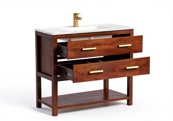 36 Inch Bathroom Vanity with Sink, Farmhouse Storage Cabinet with Drawers & Open Storage Shelf, Assembly Required, Adjustable Feet, Walnut-1