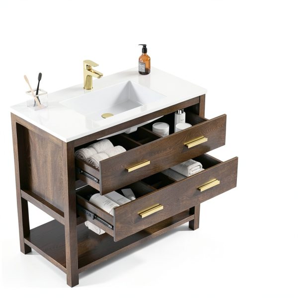 36 Inch Bathroom Vanity with Sink, Farmhouse Storage Cabinet with Drawers & Open Storage Shelf, Assembly Required, Adjustable Feet, Walnut-2