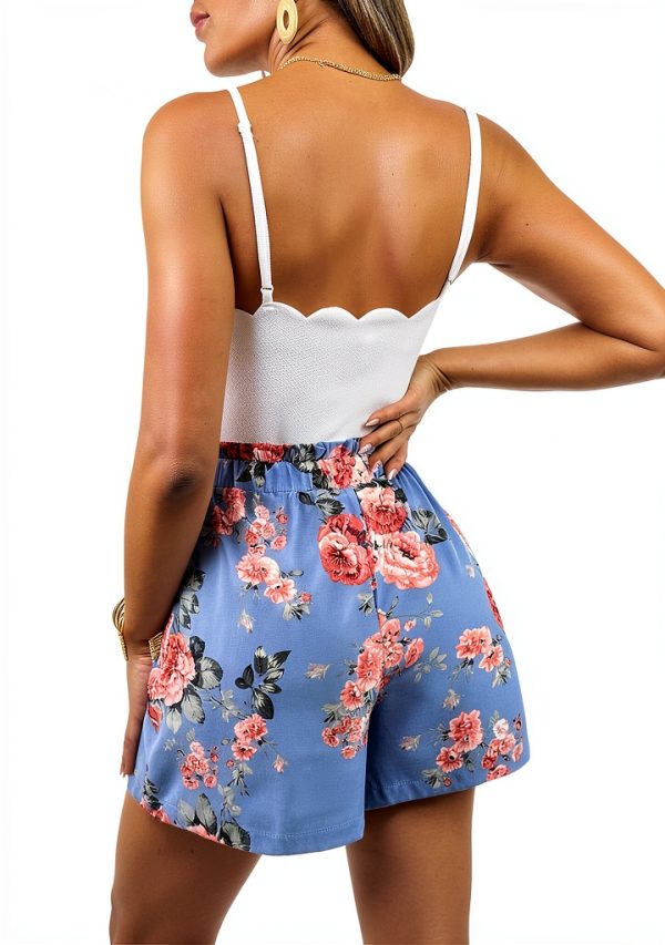 Women's Maternity 2 Piece Outfits Scallop Trim V Neck Cami Top and Floral Print Belted Shorts Set-1